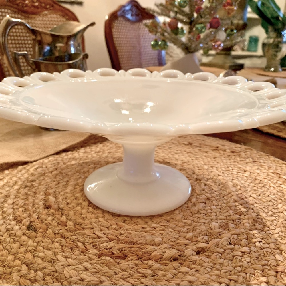 Vintage Anchor Hocking White Milk Glass 11” Pedestal Dish Scallop Lace Edge